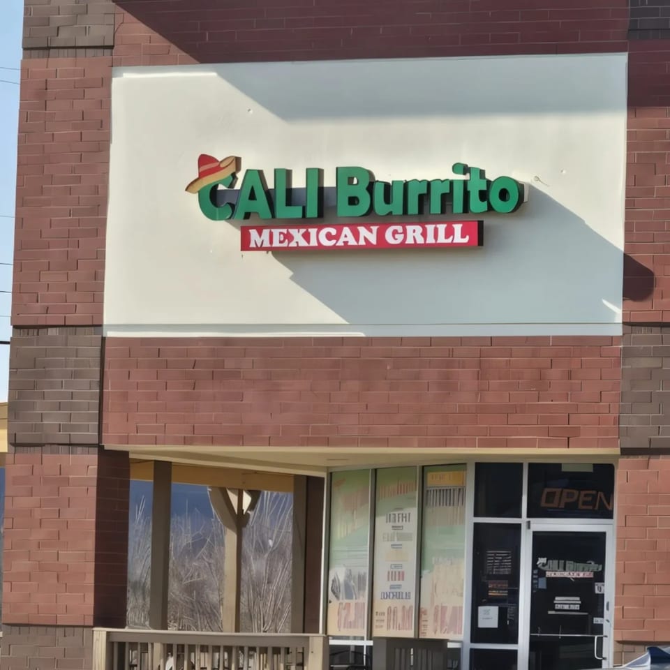 The exterior of Cali Burrito Mexican Grill, featuring its sign, brick facade, and front entrance.