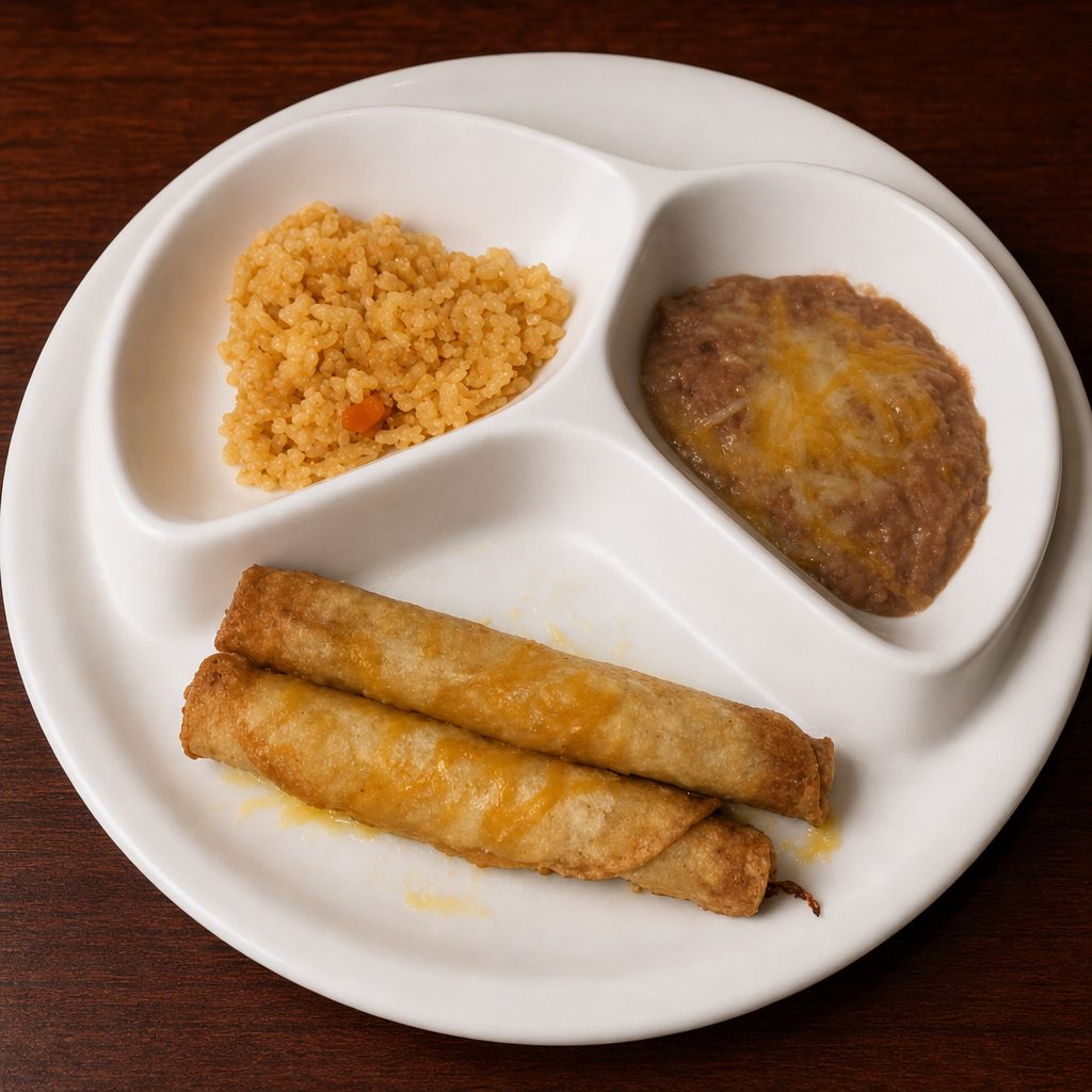 #2 Shredded Beef Rolled Tacos Kids Meal.